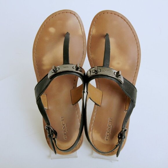 Coach Gracie Vintage Calf Turn Lock Semi Matte T Strap Sandal Black Women Size 8 - Picture 9 of 13